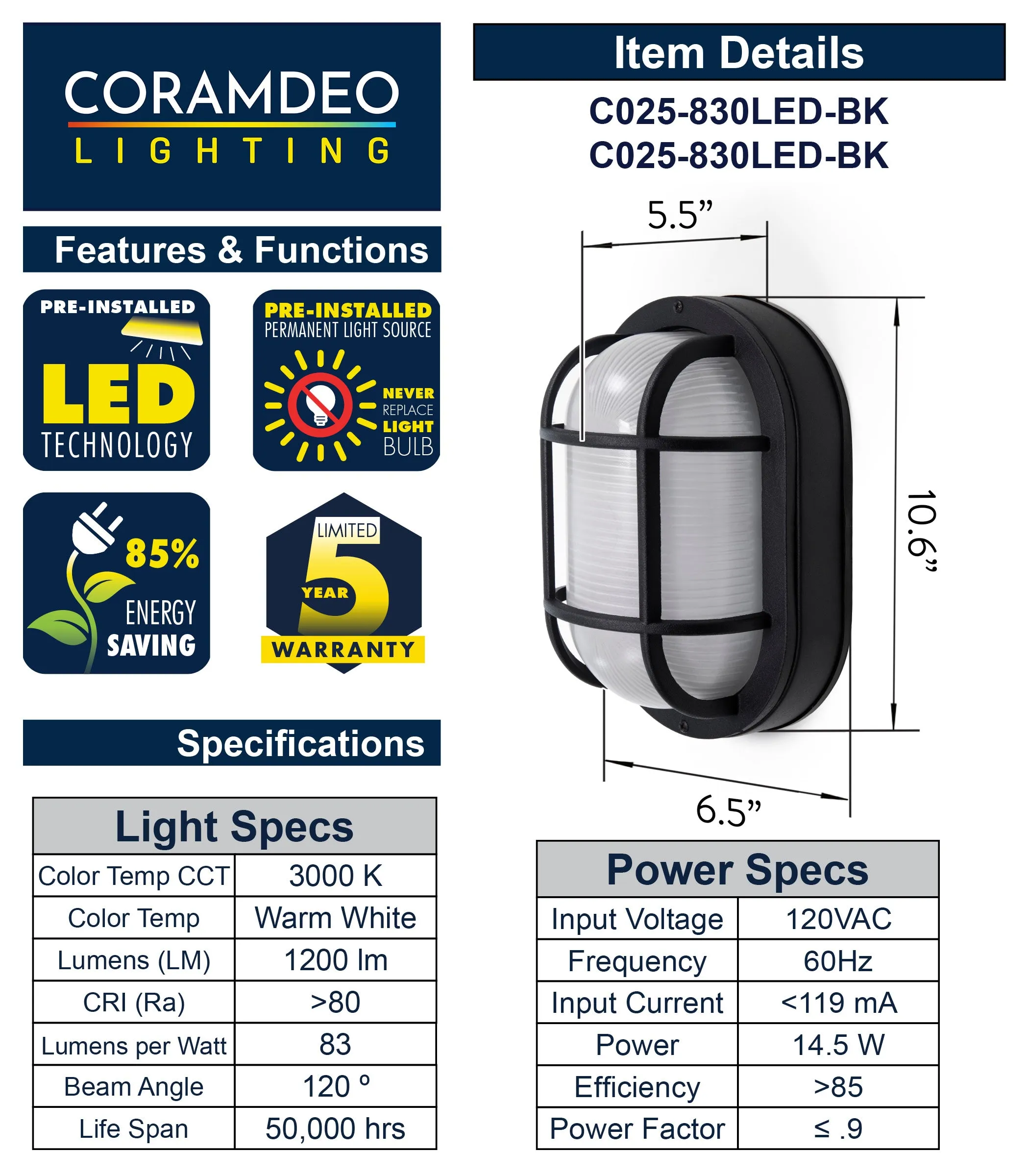 10.6” Oval Integrated LED Nautical Bulkhead, 1200 Lumens, 3K, in 3 Finishes