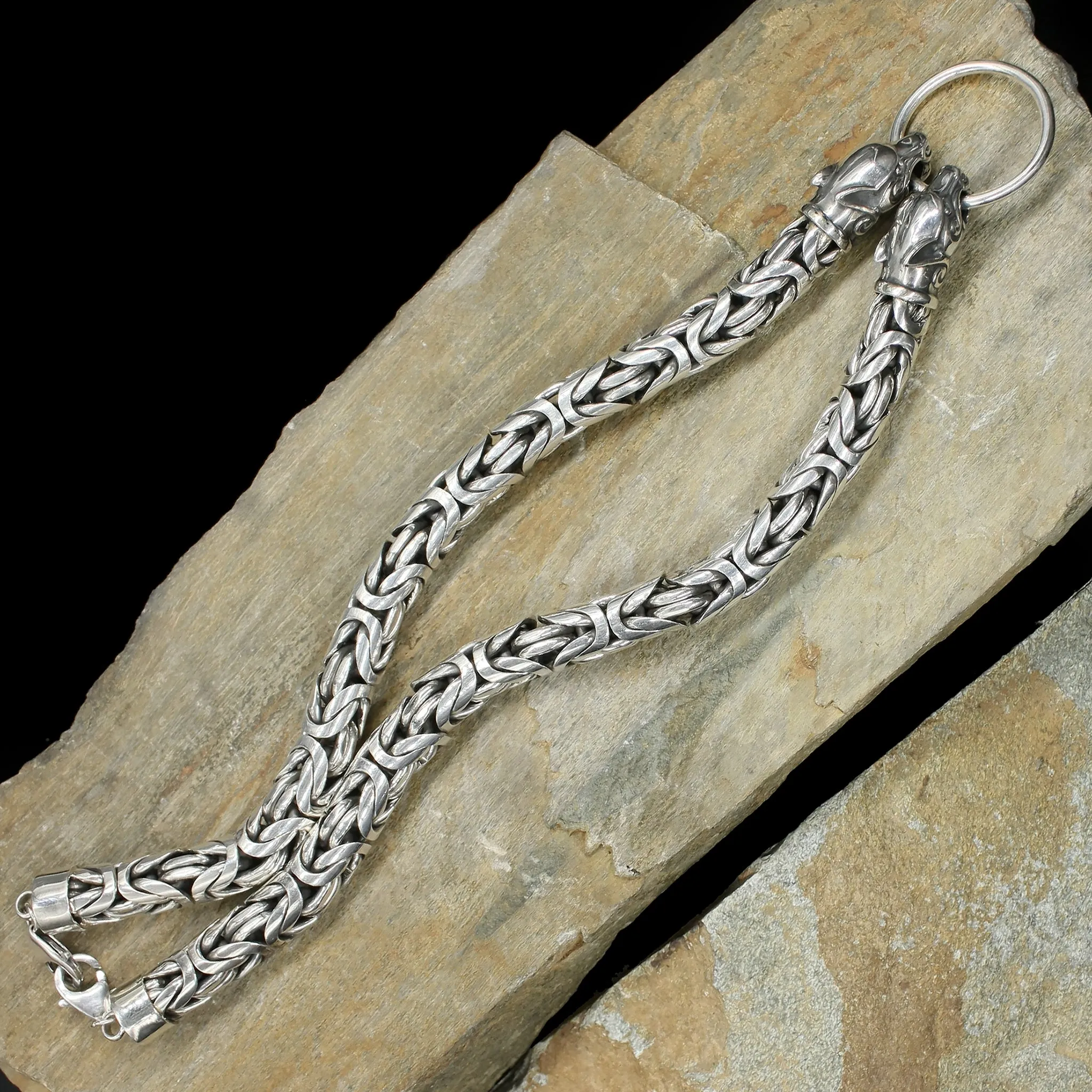 10mm Silver Double King Chain Necklace with Ferocious Wolf Heads