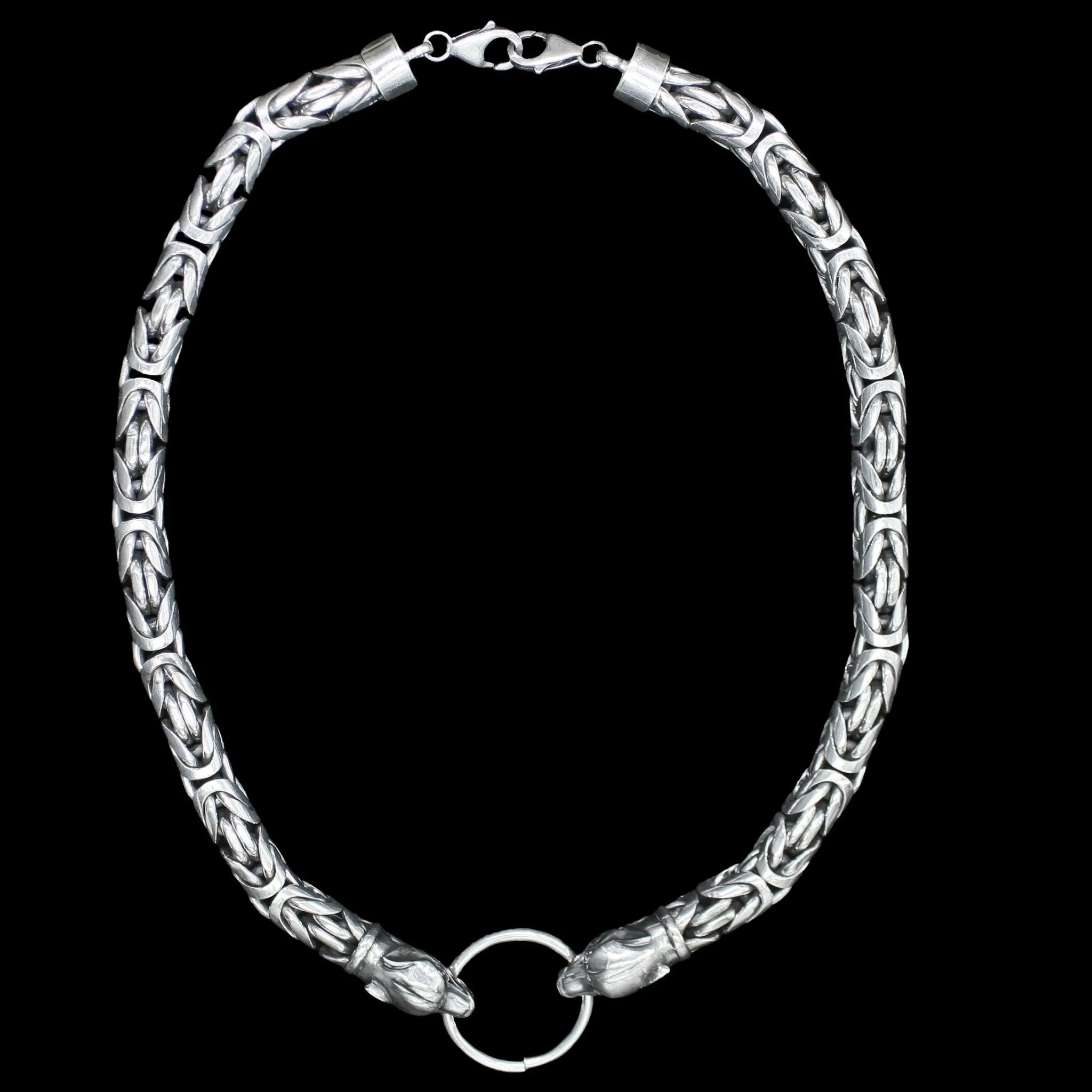 10mm Silver Double King Chain Necklace with Ferocious Wolf Heads