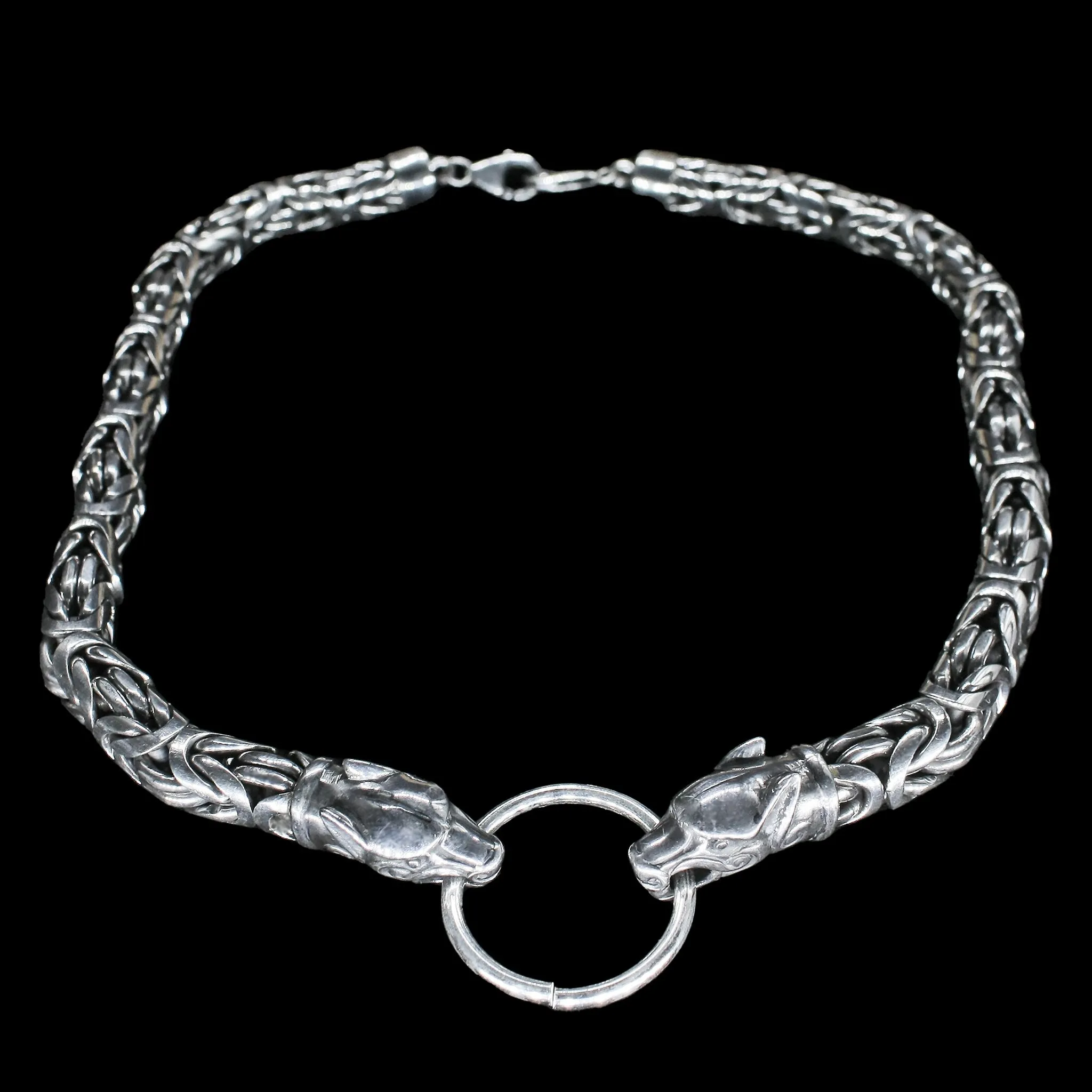 10mm Silver Double King Chain Necklace with Ferocious Wolf Heads