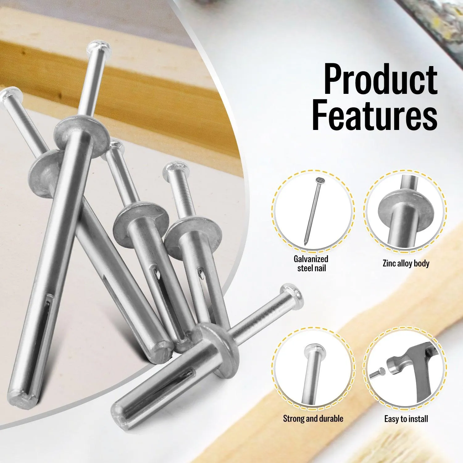 1/4" Diameter Hammer Drive Anchors with Galvanized Steel Nails Set