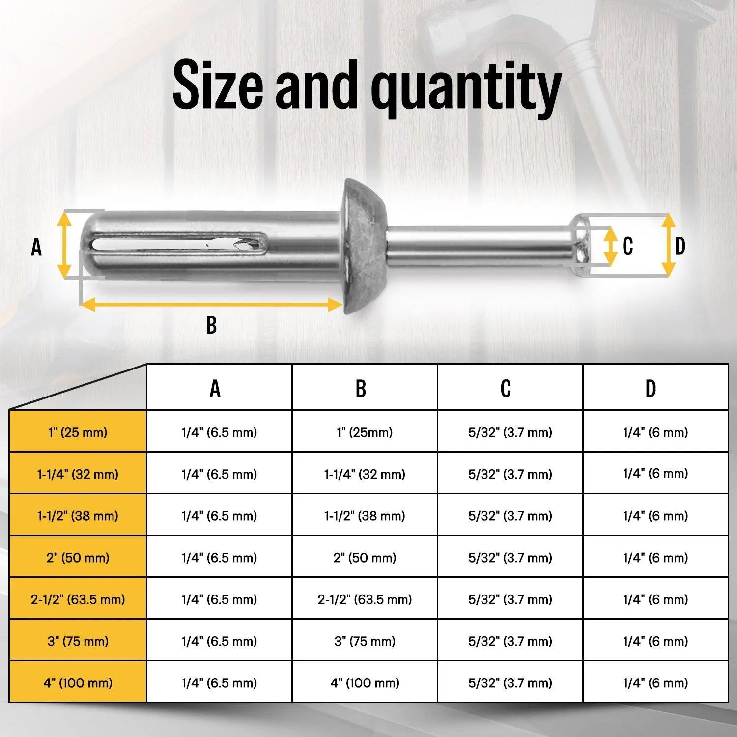 1/4" Diameter Hammer Drive Anchors with Galvanized Steel Nails Set