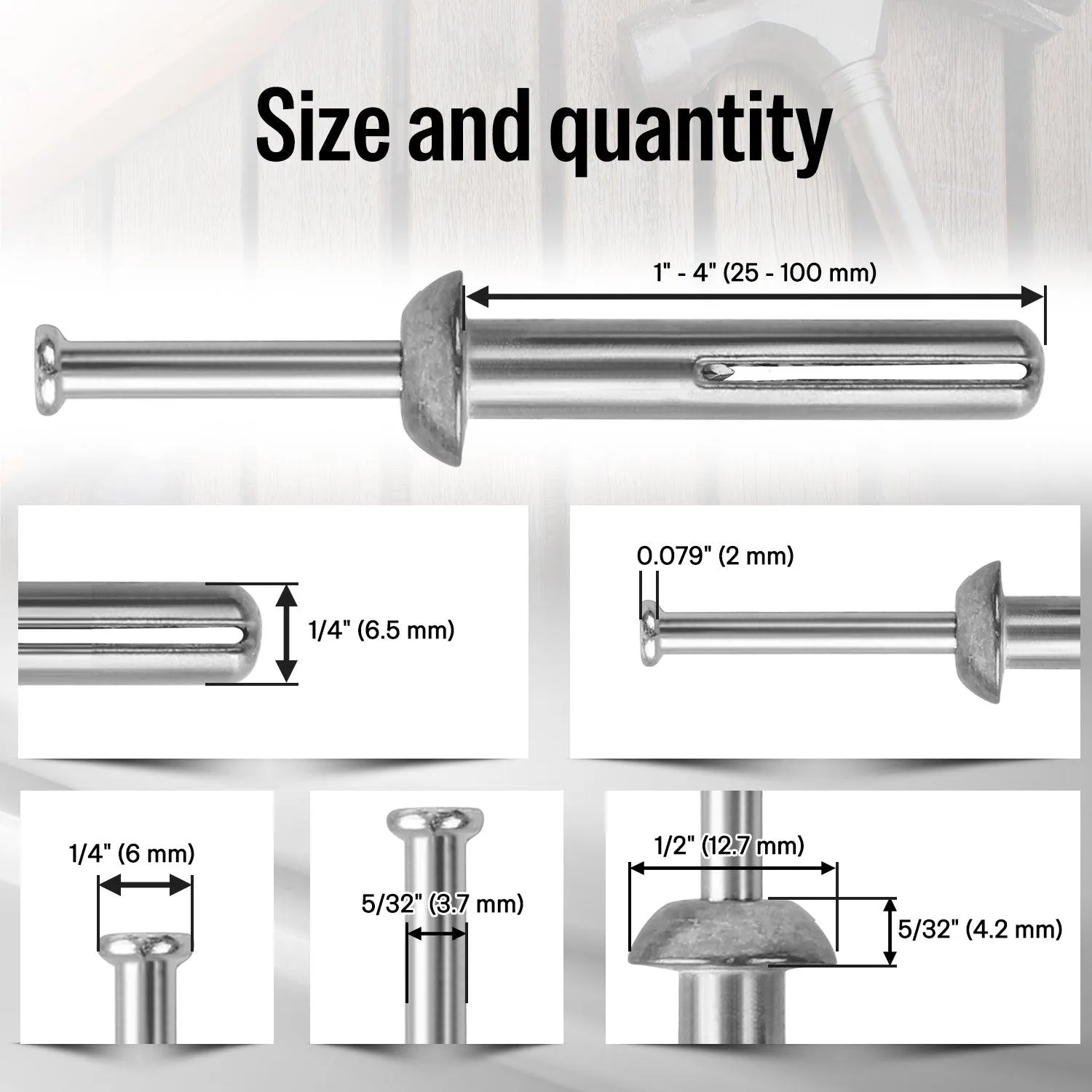 1/4" Diameter Hammer Drive Anchors with Galvanized Steel Nails Set