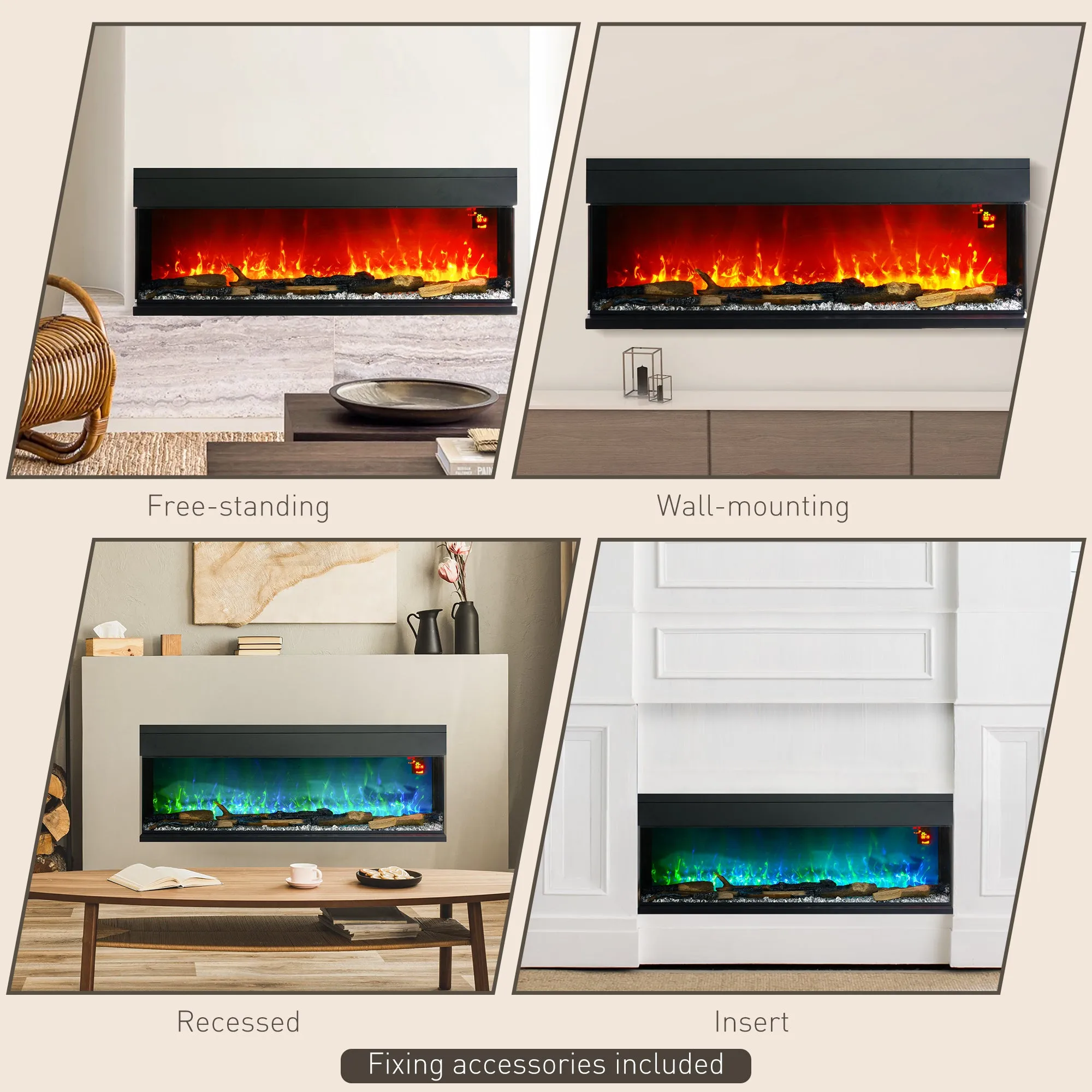 152.4cm Electric Fireplace Recessed, Insert, Wall Mount, Freestanding