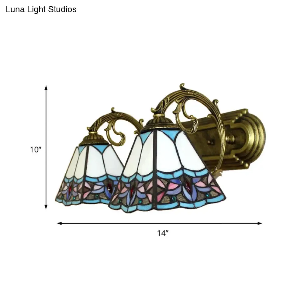 2-Head Pyramid Stained Glass Sconce Light with Tiffany Style - Black/Brass/Bronze Wall Mount Fixture