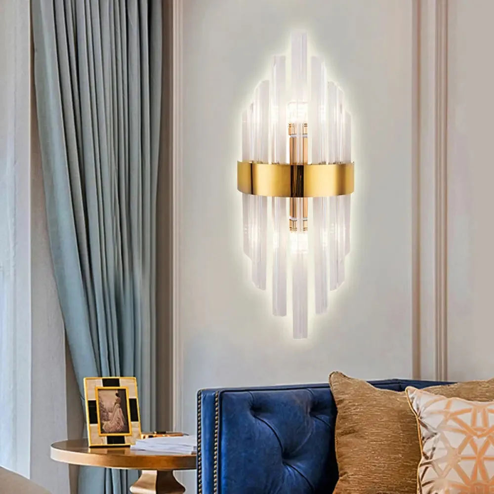 2-Light Living Room Wall Sconce: Simplicity Brass Wall Mount with Crystal Shade