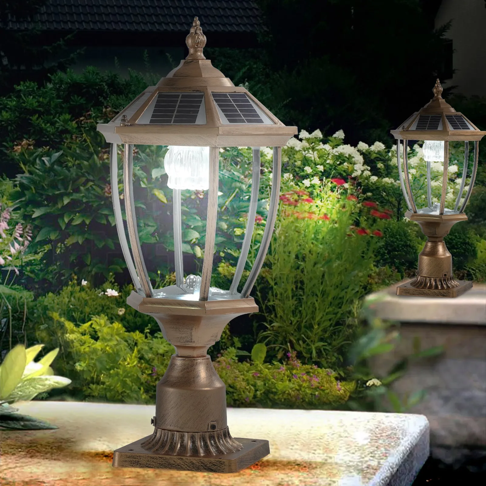 2 Pack Vintage Gold Garden Path Lights Dimmable LED Solar Pillar Lights