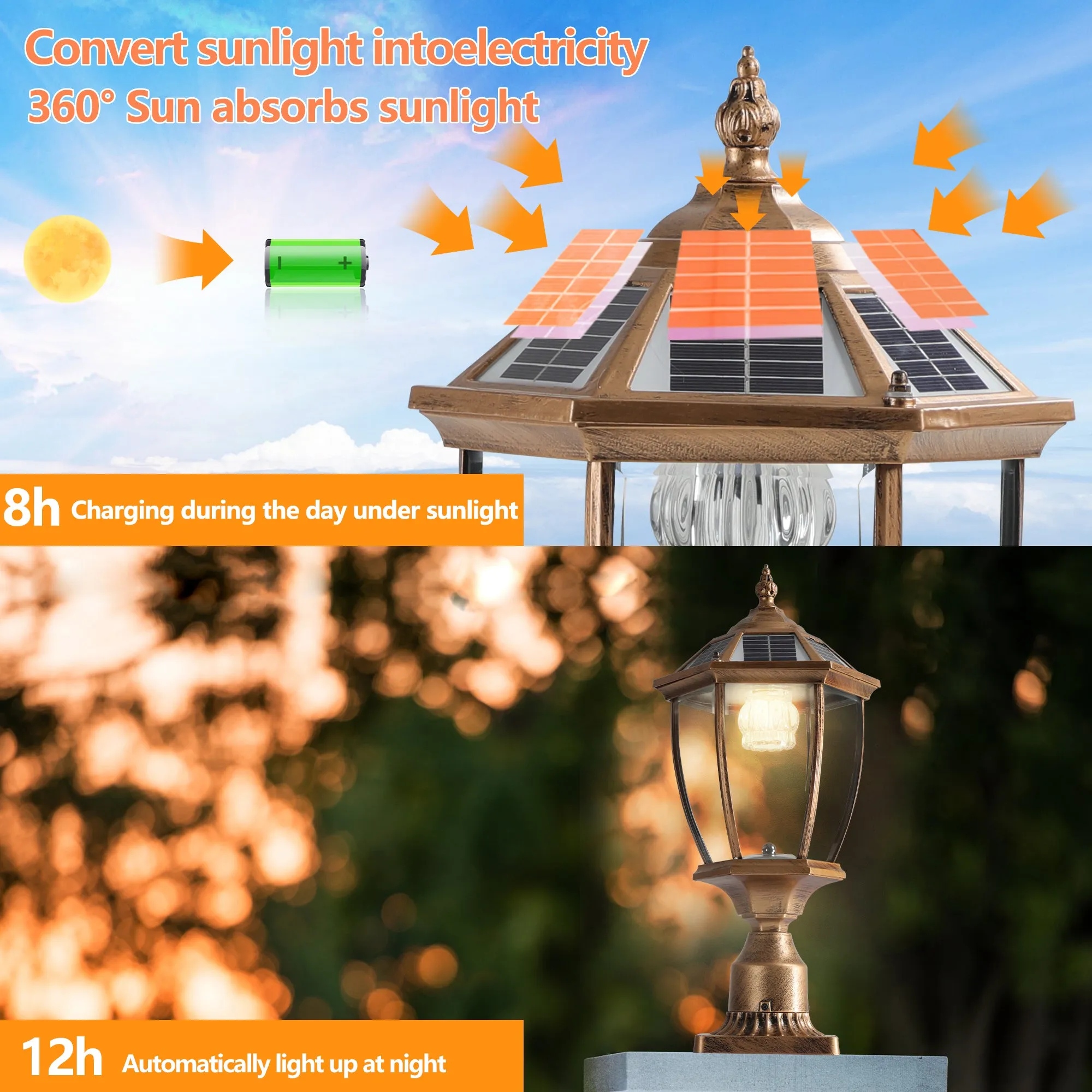 2 Pack Vintage Gold Garden Path Lights Dimmable LED Solar Pillar Lights