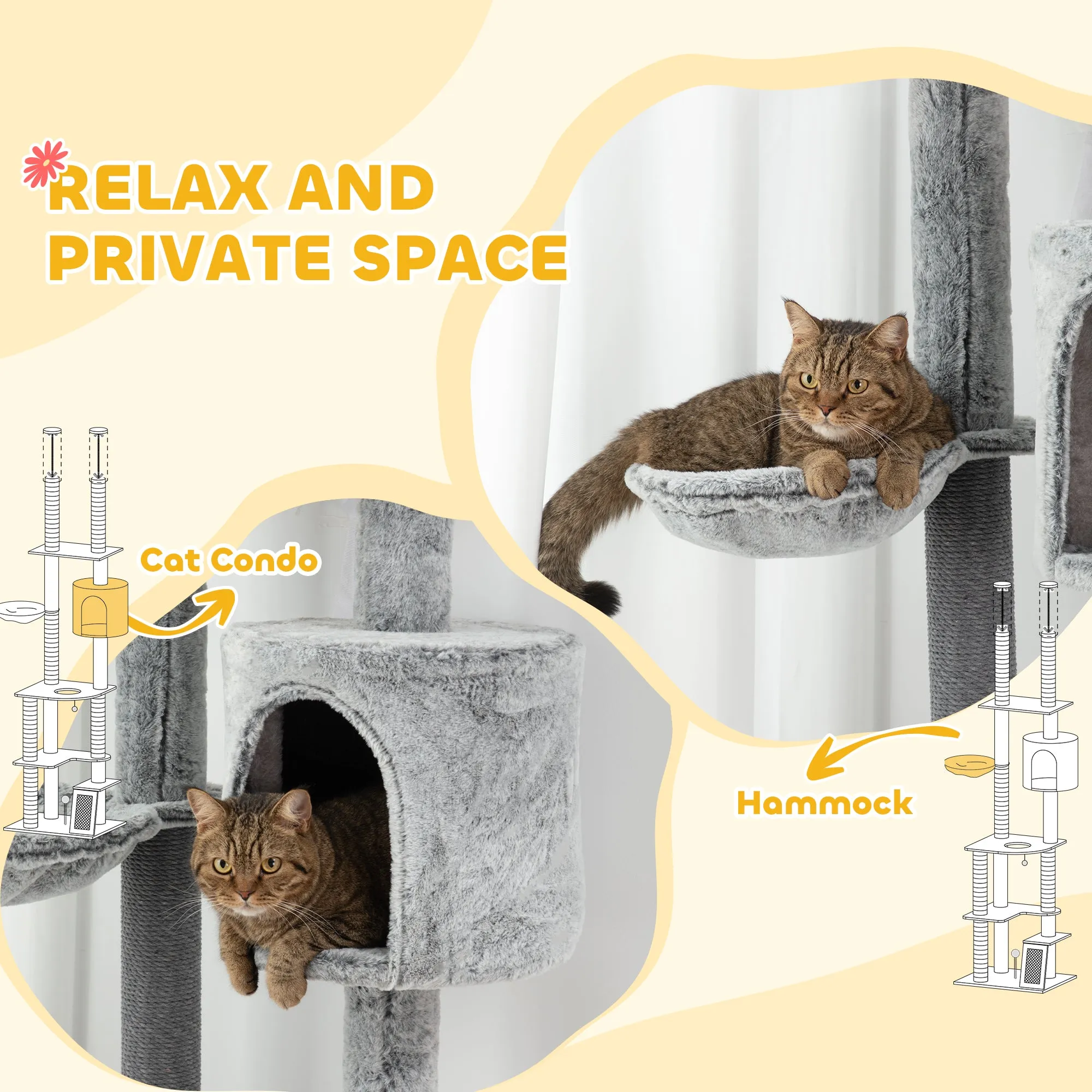 225-255cmH Floor-to-Ceiling Cat Tree for Indoor Cats w/ Condo Ramp