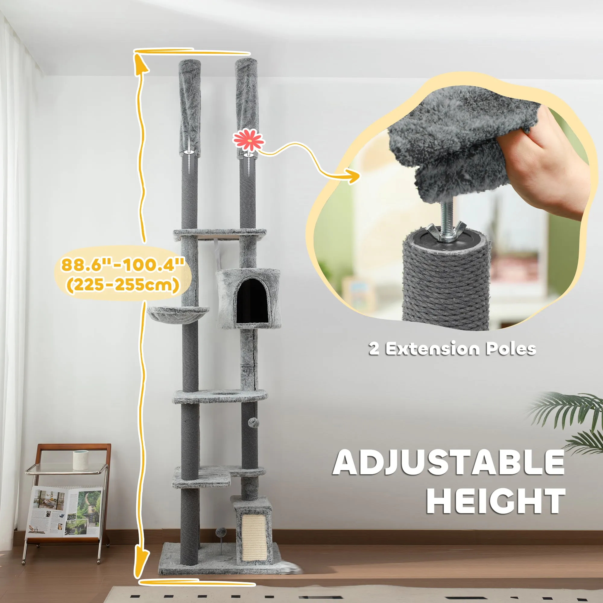 225-255cmH Floor-to-Ceiling Cat Tree for Indoor Cats w/ Condo Ramp