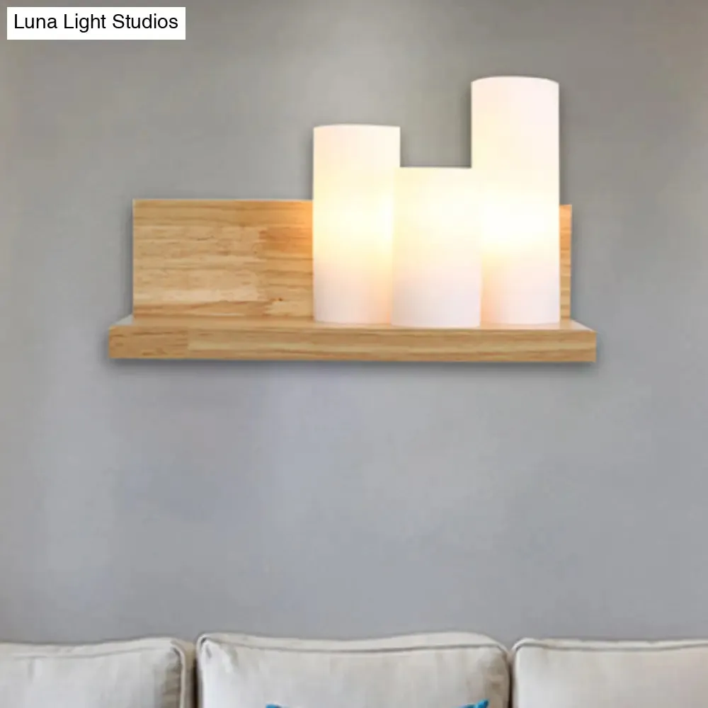 3-Head Contemporary Tube Shade Wall Lamp with Wooden Shelf – Perfect for Cloth Shop