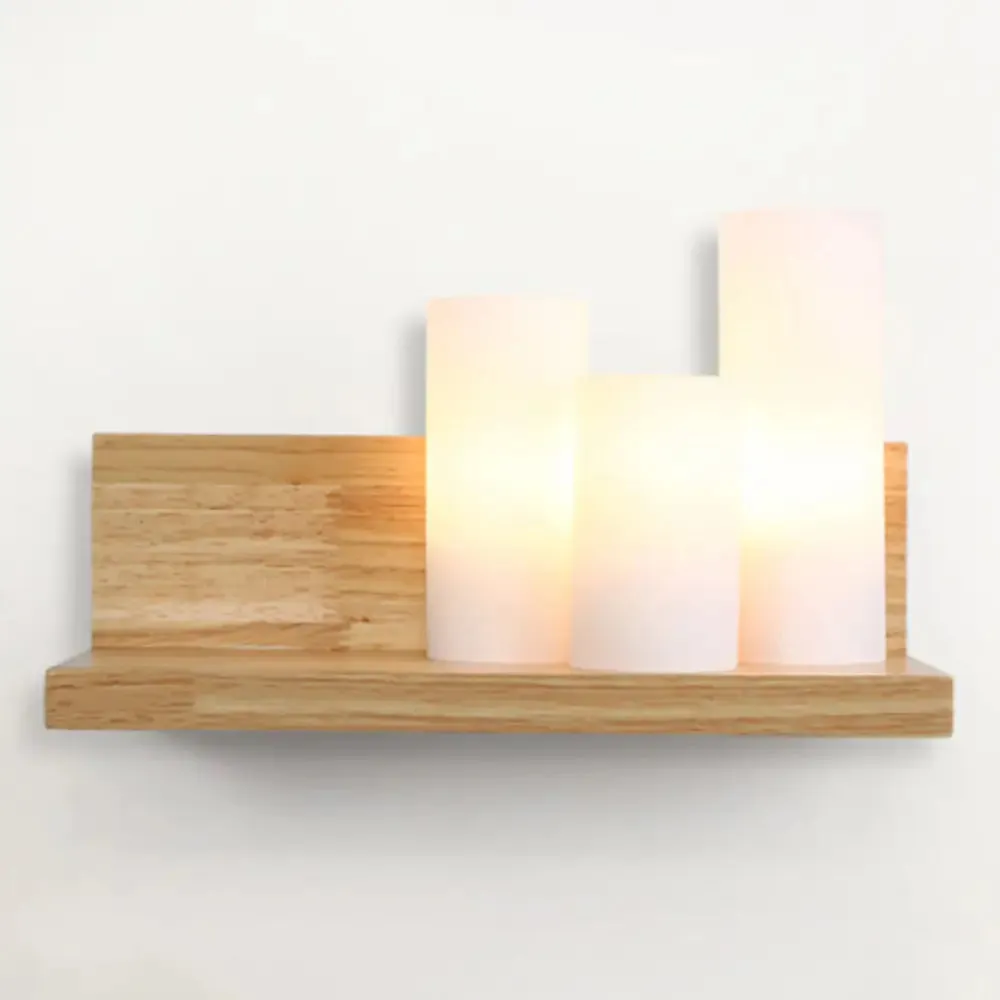 3-Head Contemporary Tube Shade Wall Lamp with Wooden Shelf – Perfect for Cloth Shop