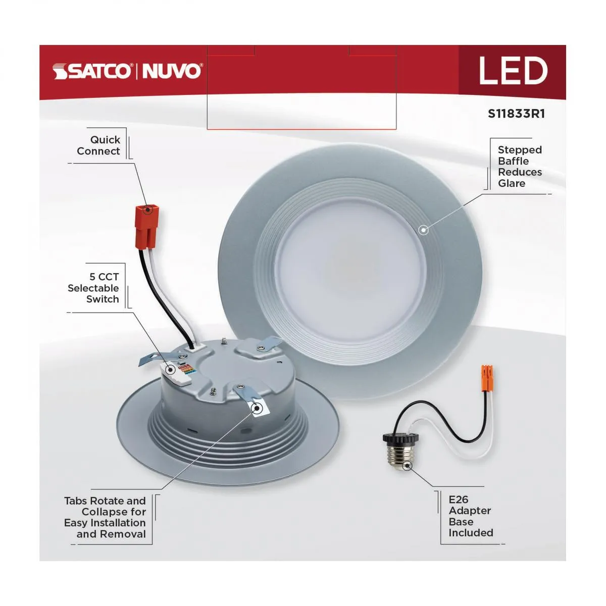 4 inch Retrofit LED Can Light, 7 Watts, 600 Lm, Selectable 2700K to 5000K, Nickel Baffle Trim