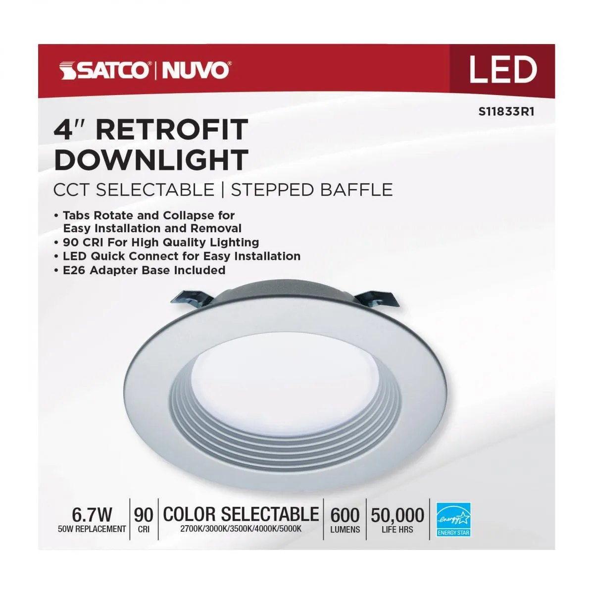 4 inch Retrofit LED Can Light, 7 Watts, 600 Lm, Selectable 2700K to 5000K, Nickel Baffle Trim