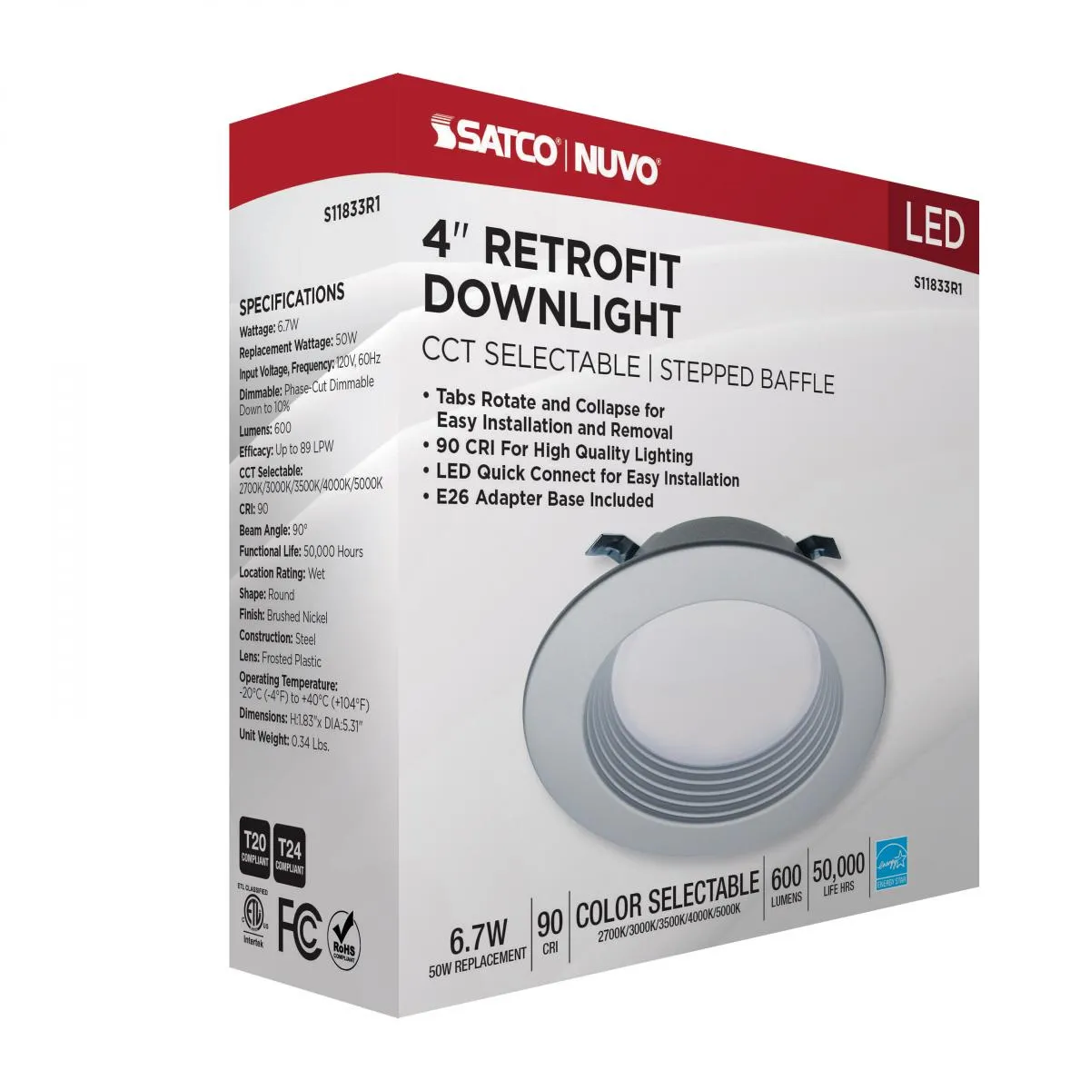 4 inch Retrofit LED Can Light, 7 Watts, 600 Lm, Selectable 2700K to 5000K, Nickel Baffle Trim