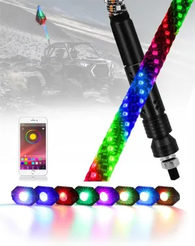 4FT RGB LED Whip Lights & RGB LED Rock Lights Set with Bluetooth Controlled