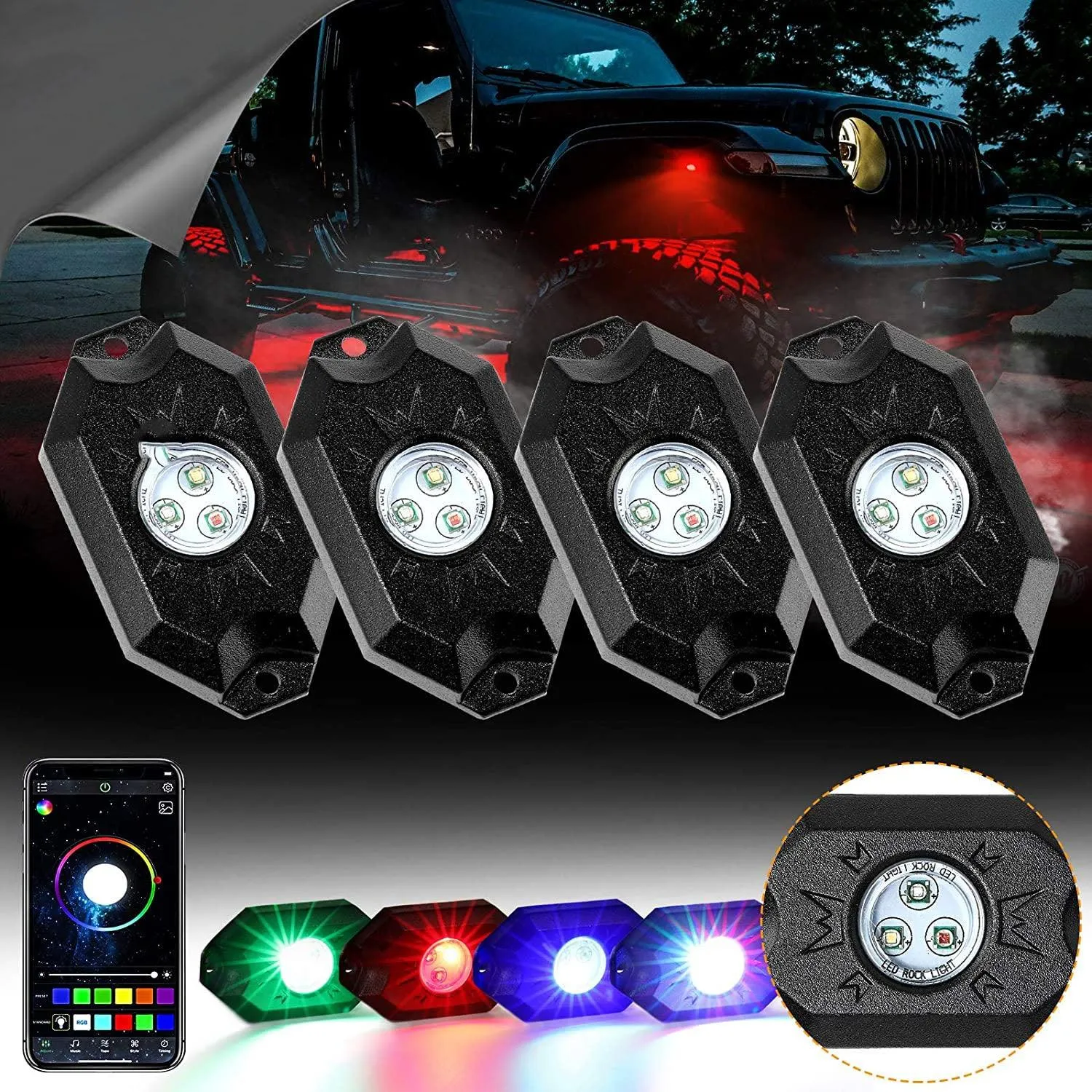 (4Pcs/8Pcs/12Pcs Set) RGB LED Rock Light Set with Bluetooth Controller