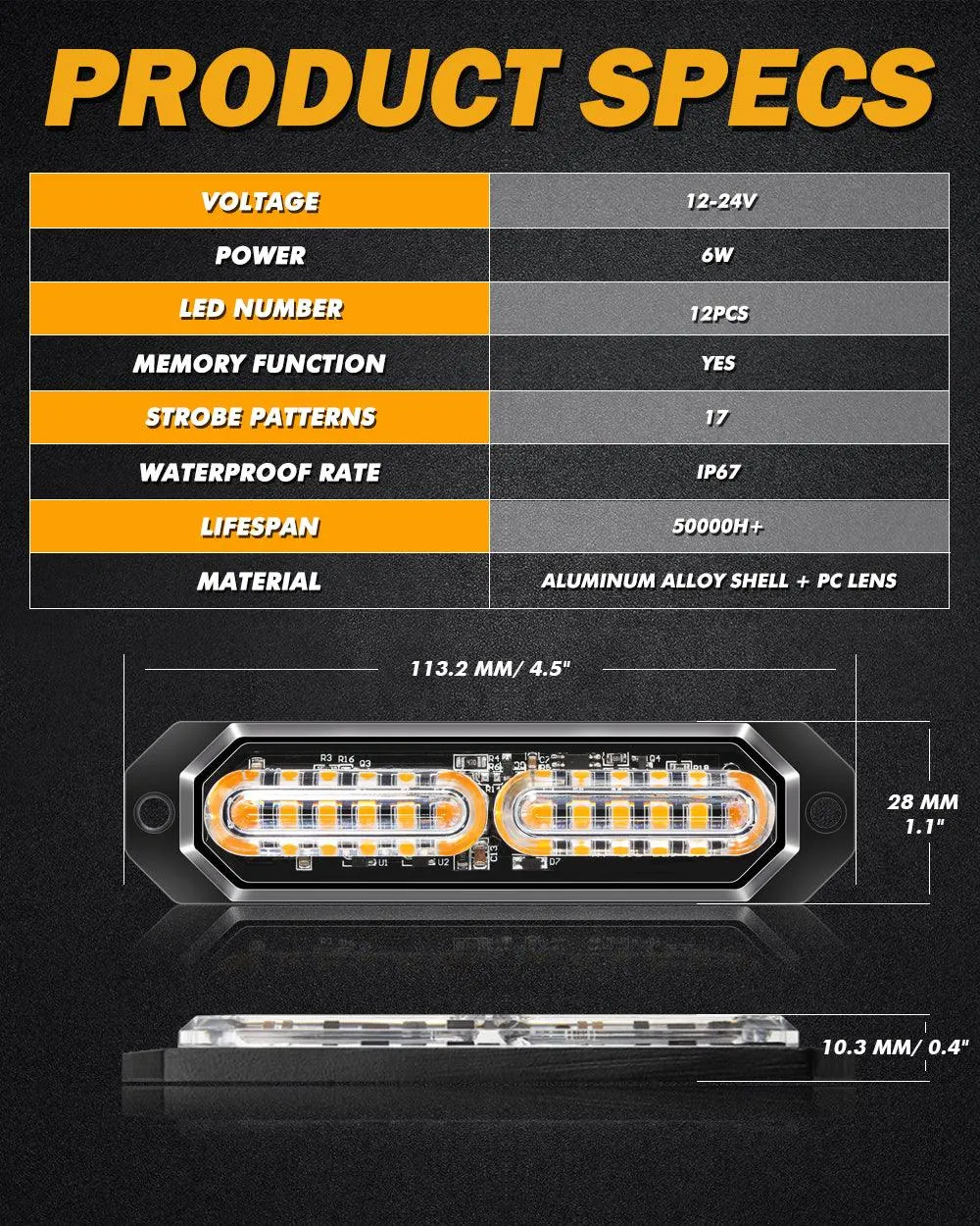 (4PSC/SET) 12LED Emergency Surface Mount Grill Strobe Light for Trucks Vehicles ATV RV Cars Van