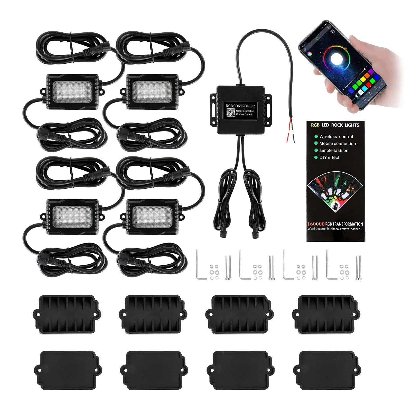 8Pcs RGB LED Rock Light Multicolor Set with Bluetooth Controller