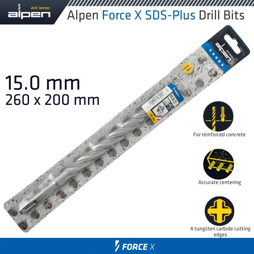 ALPEN FORCE X 15.0 x 260/200  SDS-PLUS DRILL BIT X4 CUTTING EDGES ALP835015