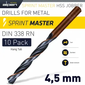 ALPEN HSS SPRINT MASTER 4.5MM 10-PACK HANG TAG DIN 338 ALPEN DRILL BITS ALP6310045