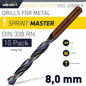 ALPEN HSS SPRINT MASTER 8.0MM 10-PACK HANG TAG DIN 338 ALPEN DRILL BITS ALP6310080