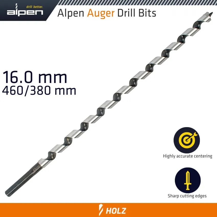 ALPEN WOOD AUGER DRILL BIT 16 X 450MM ALP22616