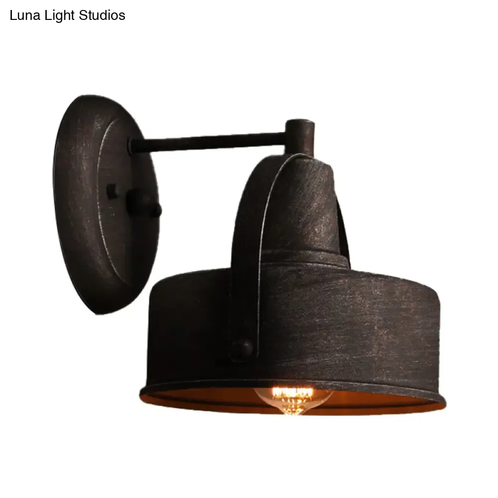 Antique Black Metal Sconce Light with Drum/Trumpet Shade - Retro Rustic Wall Lamp Fixture, 1-Light