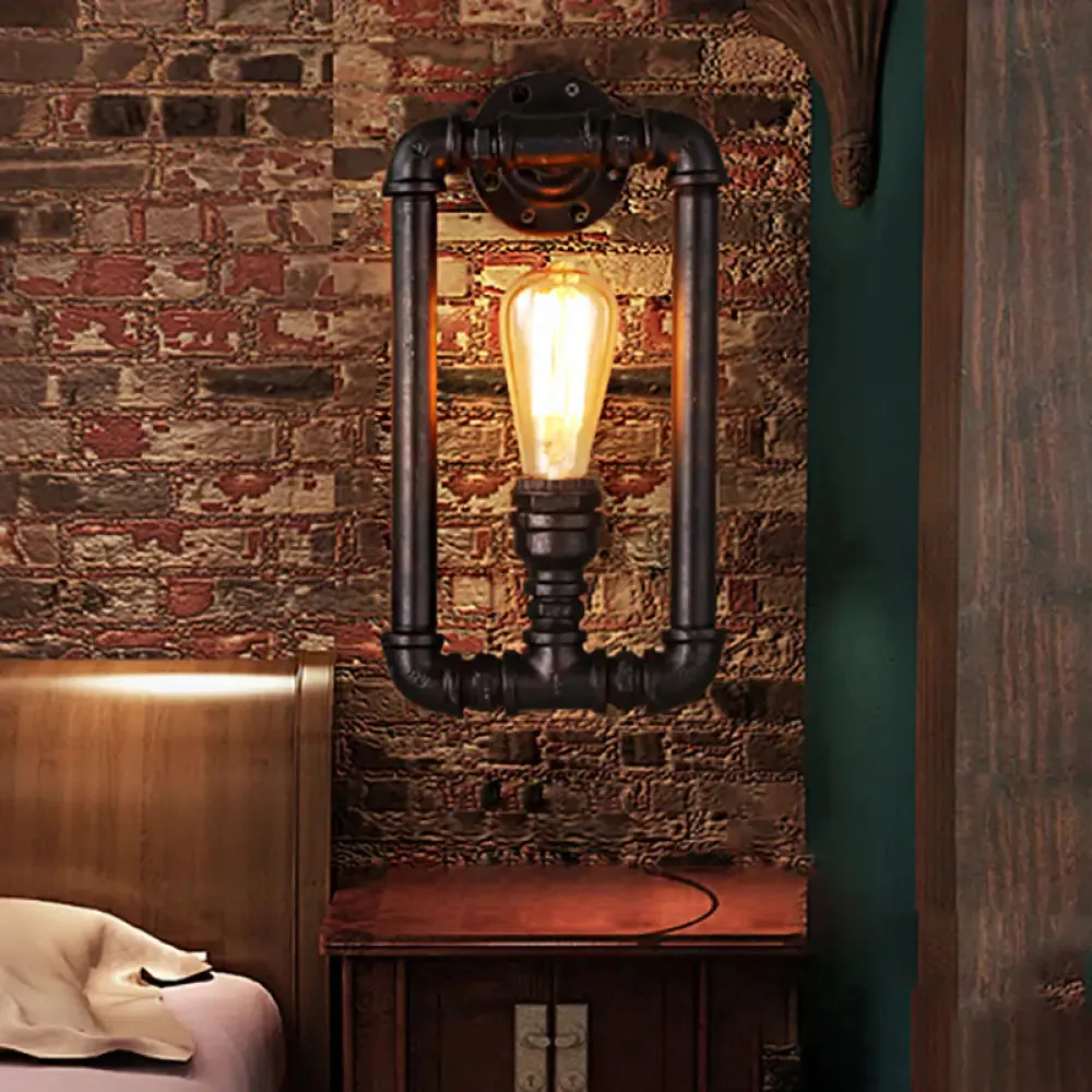 Antique Iron Wall Mounted Lamp - Stylish Black/Rust Rectangular Pipe Sconce Light for Bedroom