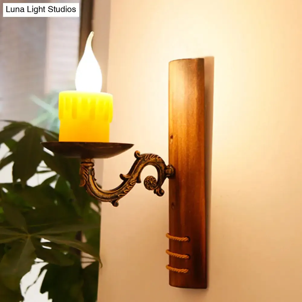 Bamboo Cottage Wall Light Fixture: Brown Rectangular 1-Bulb Lamp for Living Room, Flameless Candle Included