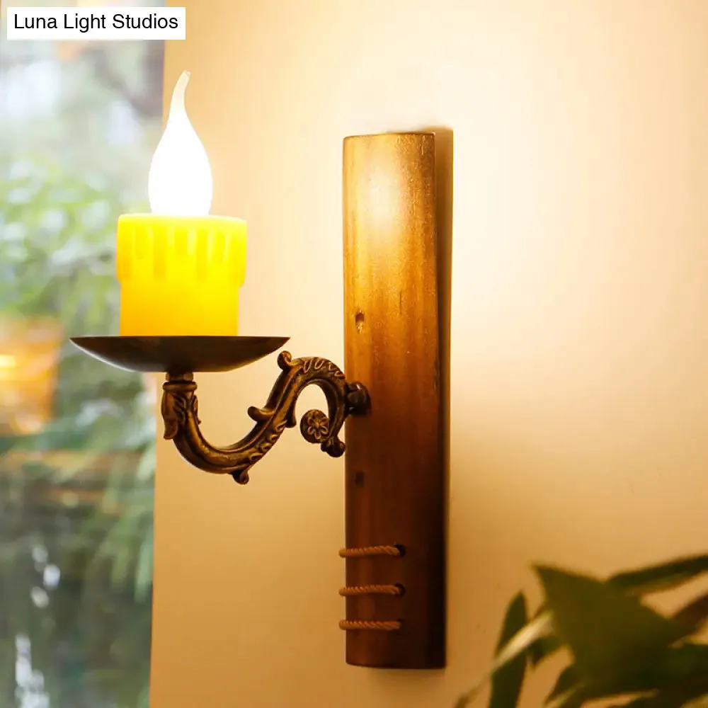 Bamboo Cottage Wall Light Fixture: Brown Rectangular 1-Bulb Lamp for Living Room, Flameless Candle Included