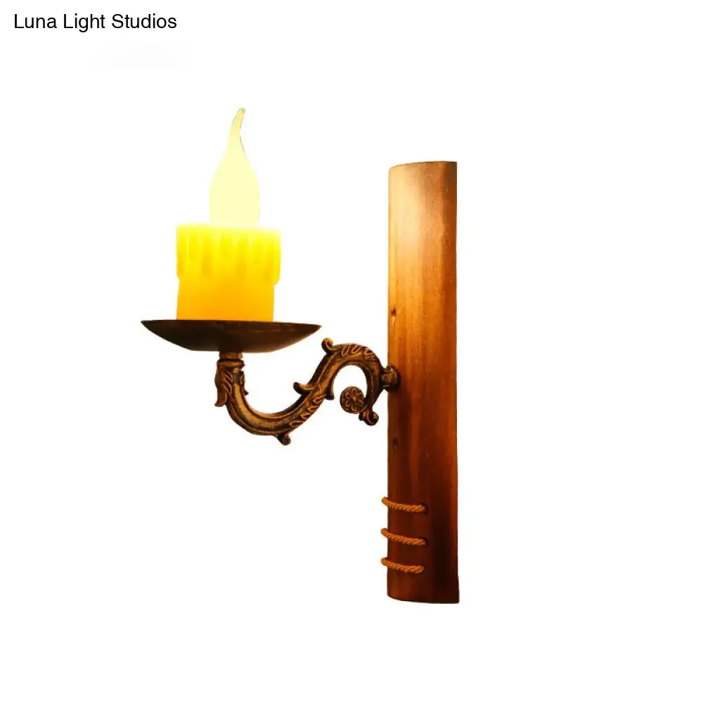 Bamboo Cottage Wall Light Fixture: Brown Rectangular 1-Bulb Lamp for Living Room, Flameless Candle Included