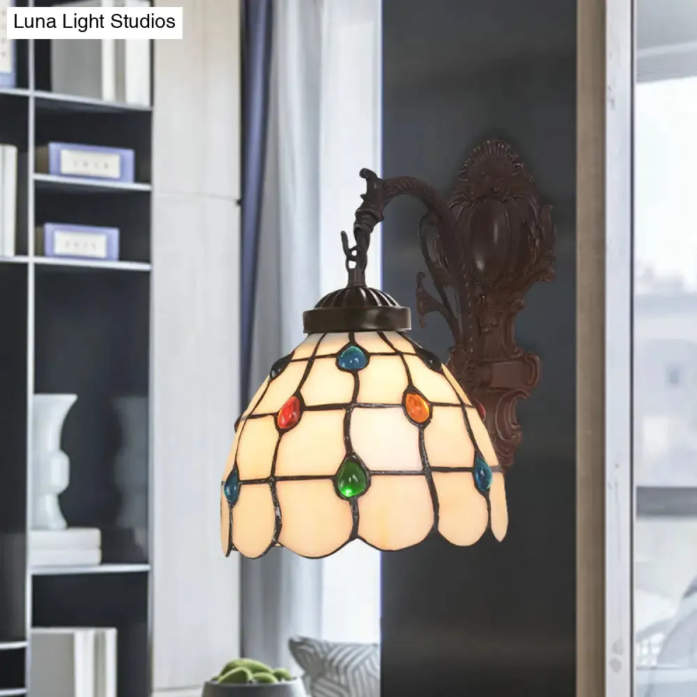 Baroque Domed Cut Glass Wall Sconce Light Fixture - Bronze Gem Patterned with Swirl Arm