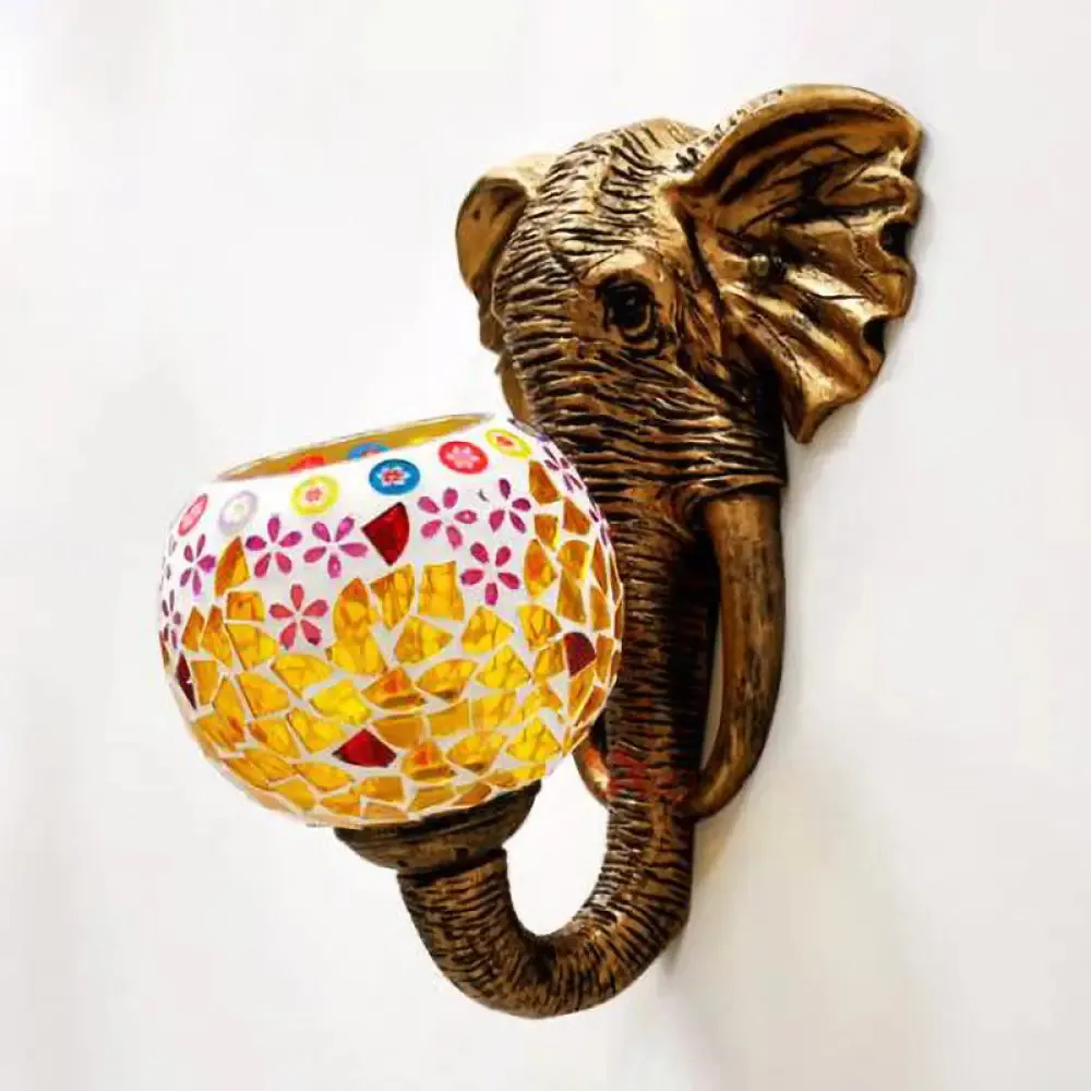 Baroque Stained Glass Elephant Head Wall Mount Lamp - Silver/Yellow Sconce Light for Corridor