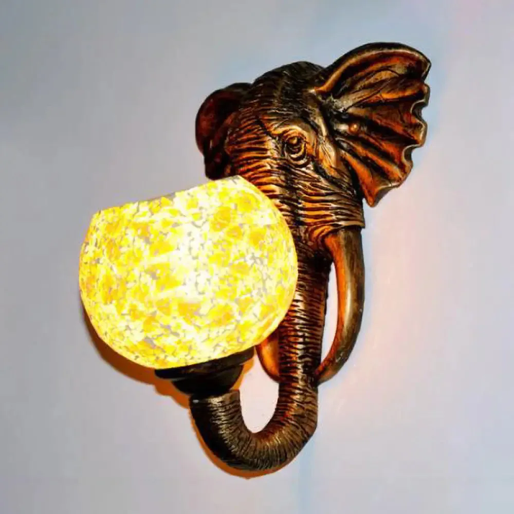 Baroque Stained Glass Elephant Head Wall Mount Lamp - Silver/Yellow Sconce Light for Corridor