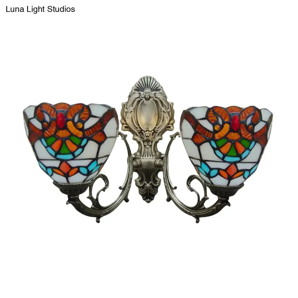 Baroque Stained Glass Wall Sconce with Curved Arm - Aged Brass Finish