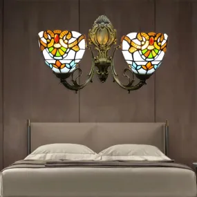 Baroque Stained Glass Wall Sconce with Curved Arm - Aged Brass Finish