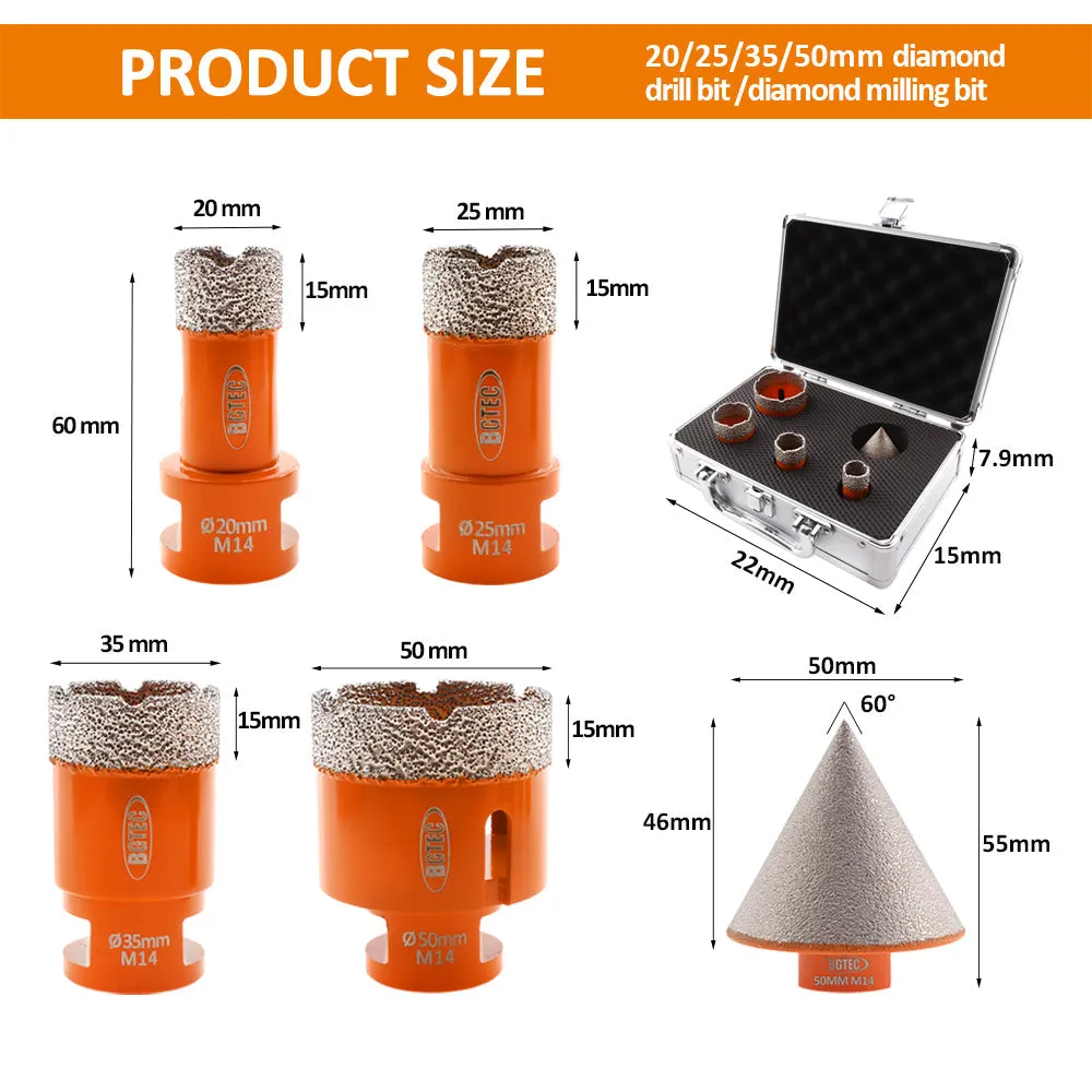 BGTEC Vacuum Brazed Diamond Core Drill Bits Kit with M14 Thread for Porcelain Tile Ceramic Granite Marble Stone Masonry Brick