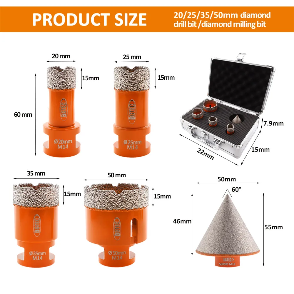 BGTEC Vacuum Brazed Diamond Core Drill Bits Kit with M14 Thread for Porcelain Tile Ceramic Granite Marble Stone Masonry Brick