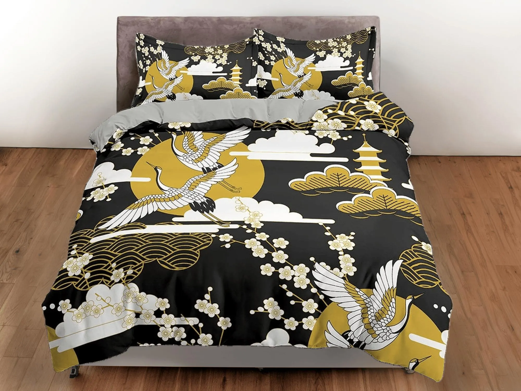 Black oriental bedding, crane bird and cherry blossom prints on Japanese style duvet cover set for king, queen, full, twin, single bed