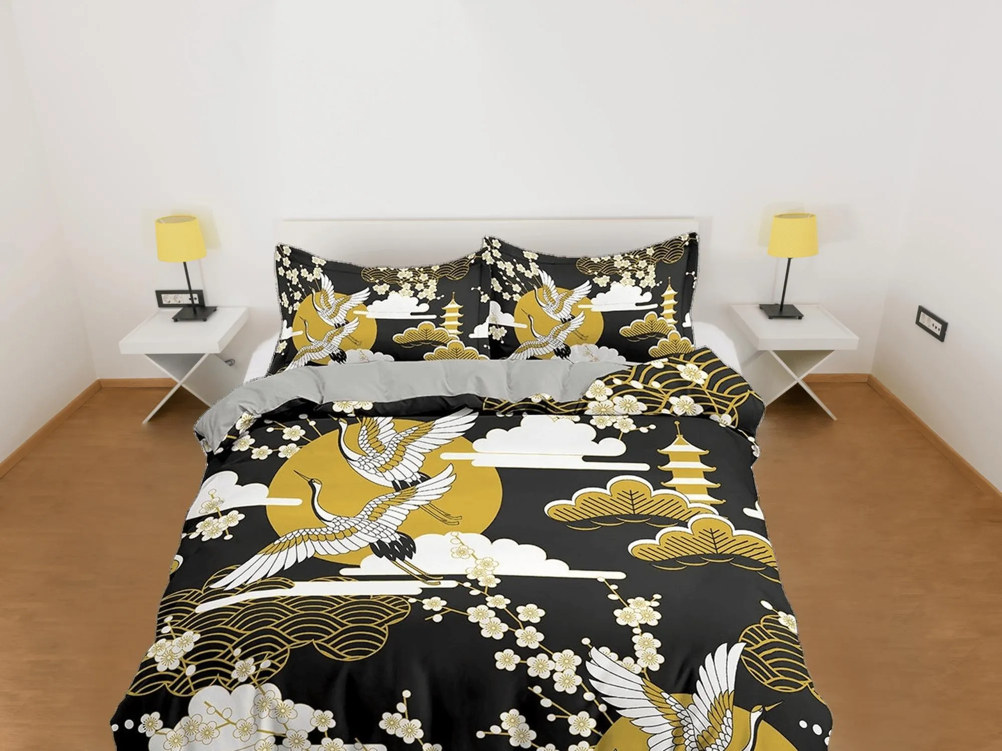 Black oriental bedding, crane bird and cherry blossom prints on Japanese style duvet cover set for king, queen, full, twin, single bed