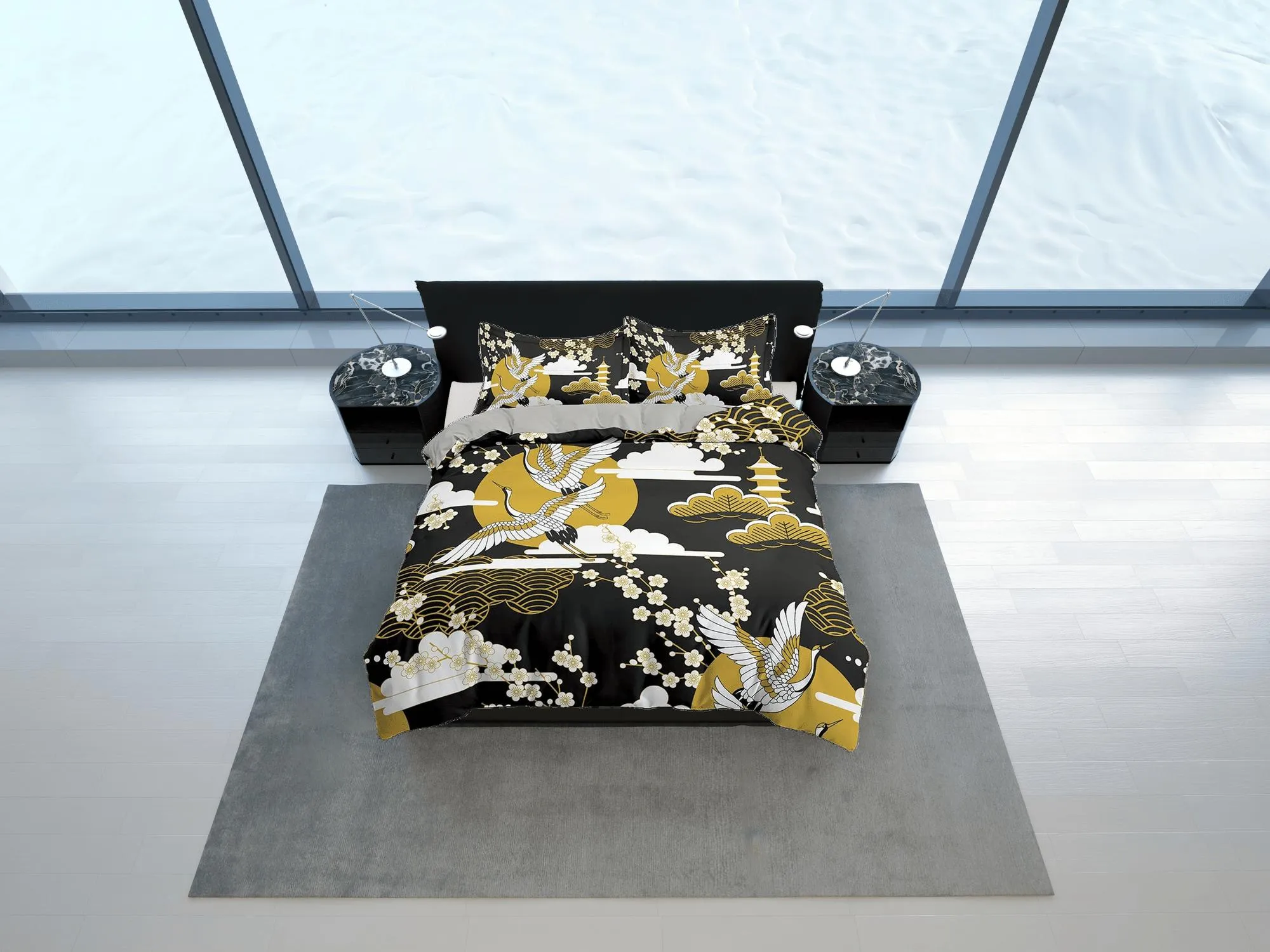 Black oriental bedding, crane bird and cherry blossom prints on Japanese style duvet cover set for king, queen, full, twin, single bed