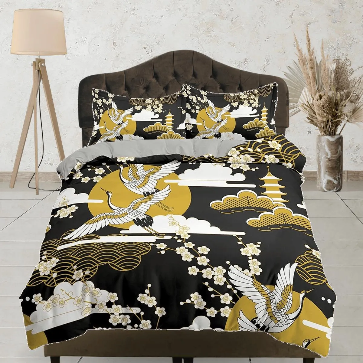 Black oriental bedding, crane bird and cherry blossom prints on Japanese style duvet cover set for king, queen, full, twin, single bed