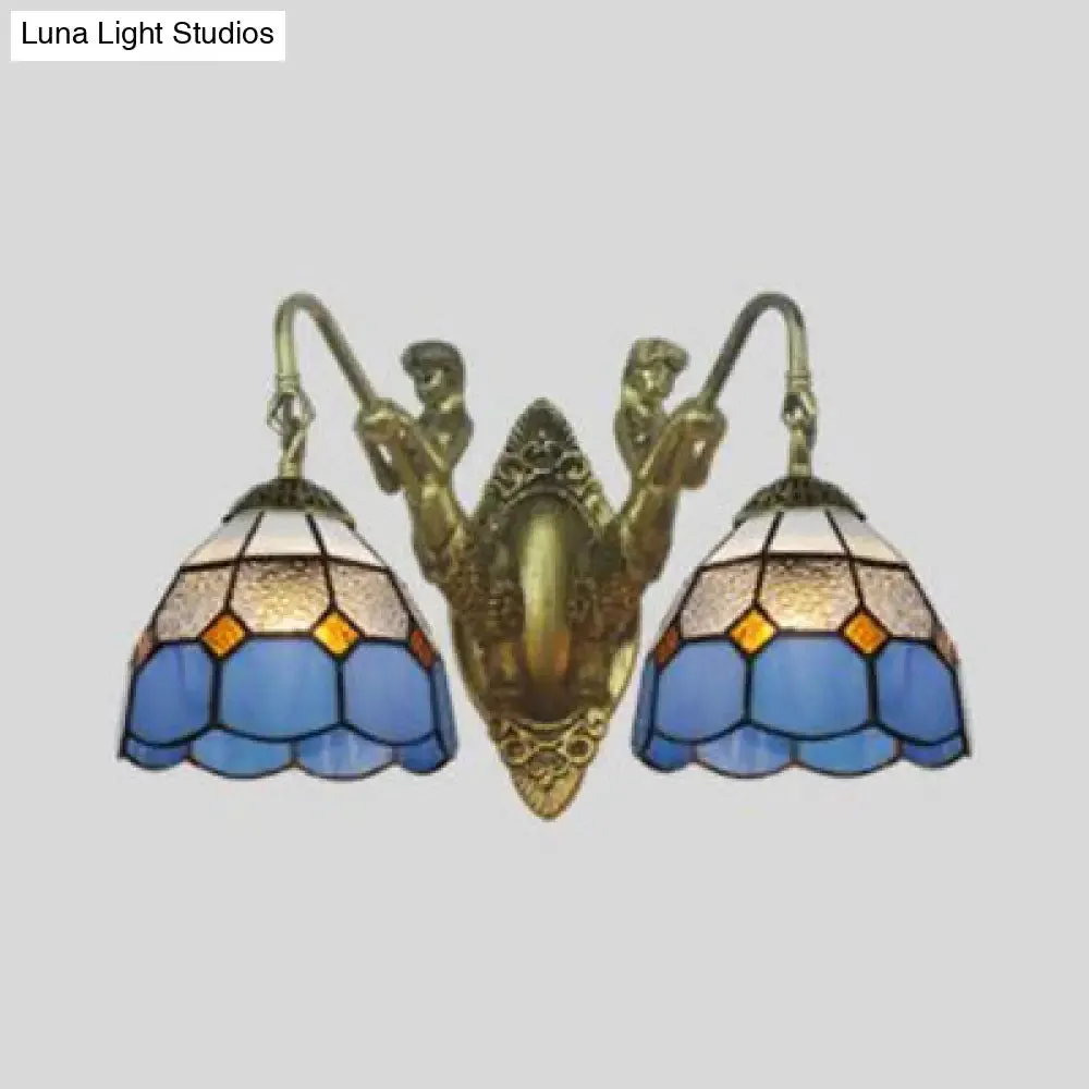 Blue Glass Antique Brass Sconce with 2 Dome Heads - Mediterranean Wall Light Fixture