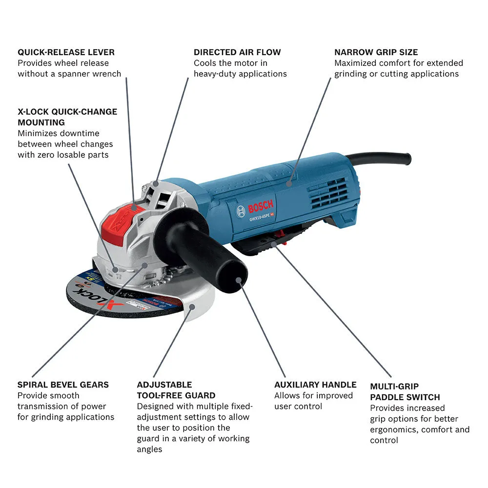 Bosch GWX10-45PE 4-1/2" 10A X-Lock Ergonomic Angle Grinder with Paddle Switch