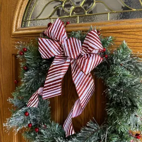 Candy Cane Red White Glitter Stripes Christmas Bow - 10"x18" Holiday Gift Wreath Decoration