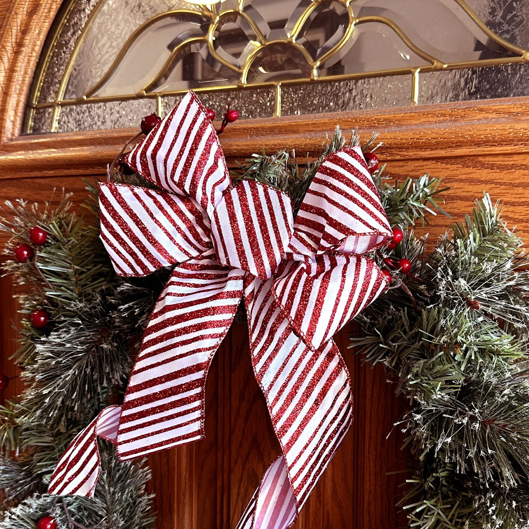 Candy Cane Red White Glitter Stripes Christmas Bow - 10"x18" Holiday Gift Wreath Decoration