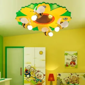 Cartoon Sunflower Ceiling Light with Bee Metal - 4 Bulbs - Yellow Bedroom Lamp