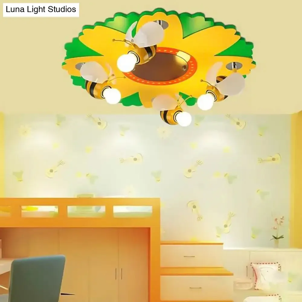 Cartoon Sunflower Ceiling Light with Bee Metal - 4 Bulbs - Yellow Bedroom Lamp