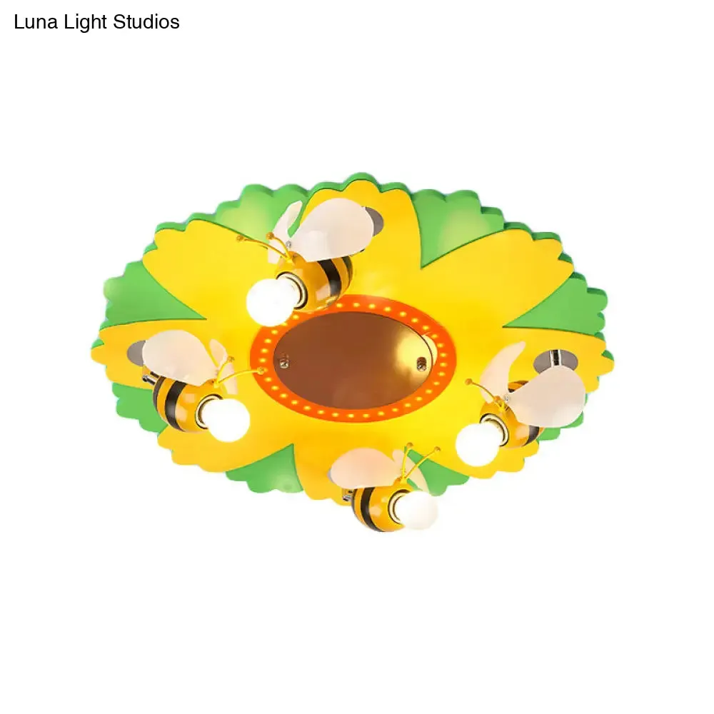 Cartoon Sunflower Ceiling Light with Bee Metal - 4 Bulbs - Yellow Bedroom Lamp